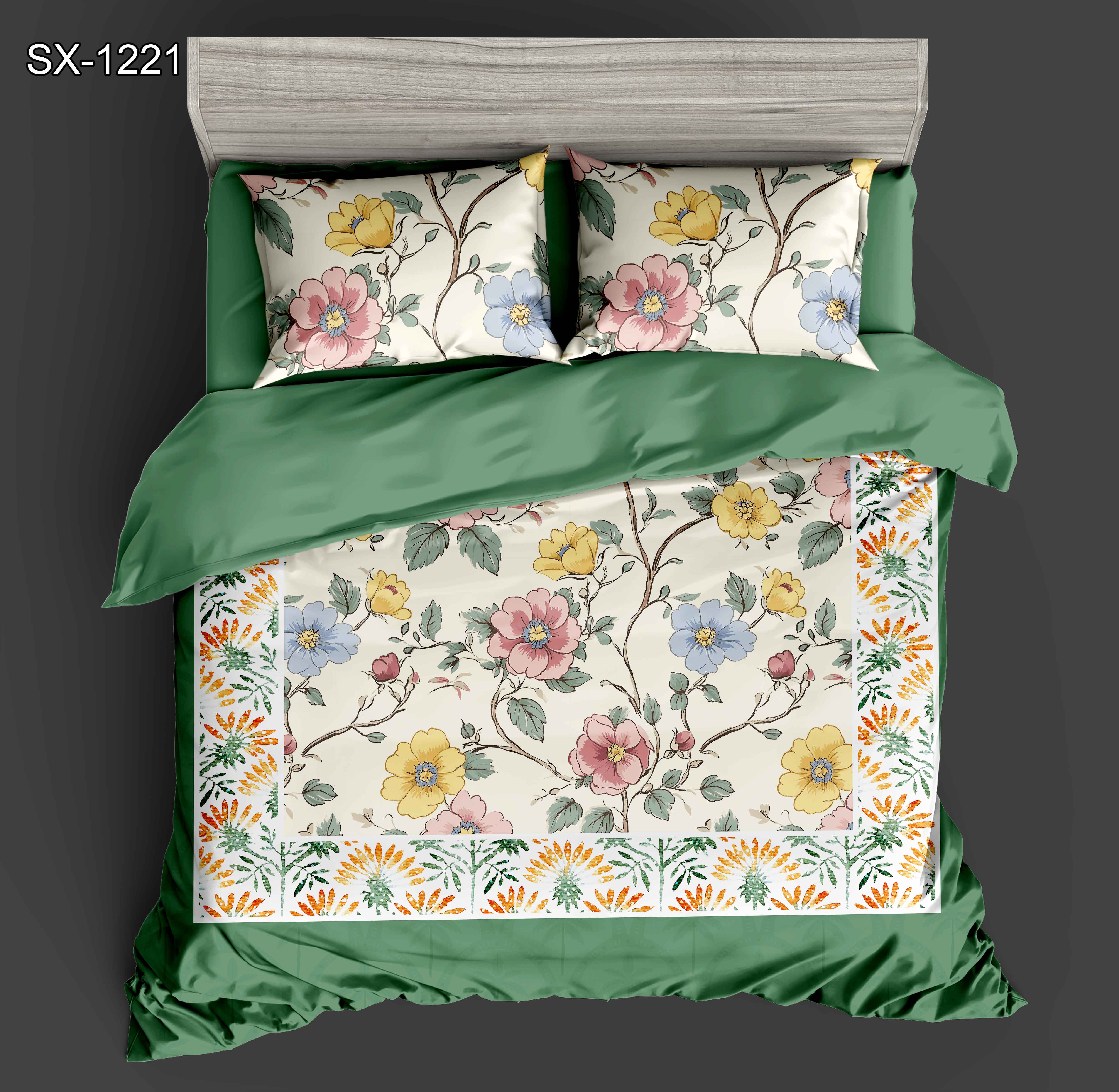 5D Digital tryckt lakan Set Floral med Multicolor Blossom och Botanical Border Design