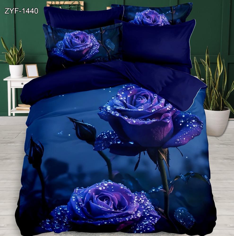 5D Digital tryckt lakan Set Floral med Blue Rose och Dewdrop Design