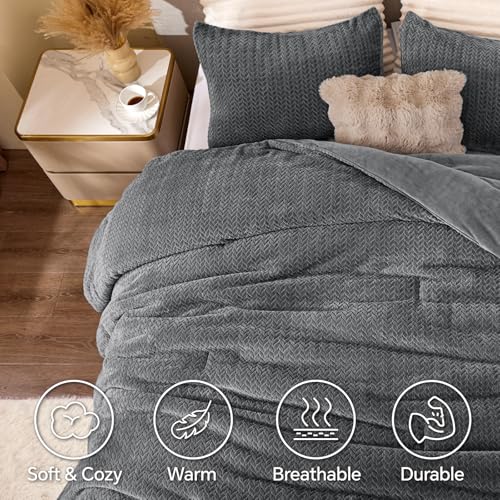 Vändbar stickad flanell- och sammetstäckenset – 3D Leaf Texture 3-delad sängkläder