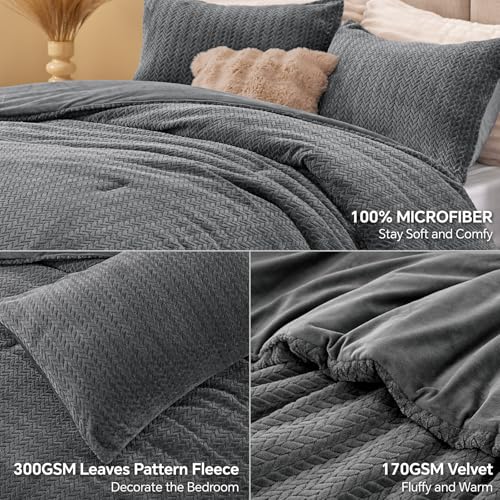 Vändbar stickad flanell- och sammetstäckenset – 3D Leaf Texture 3-delad sängkläder