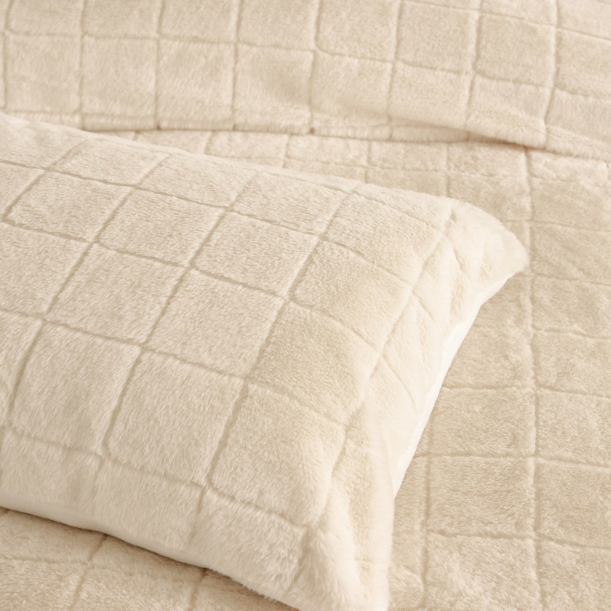 Rutig fuskkaninpäls- och mjölksammetstäckenset – mjukt jacquard 3-delat sängset